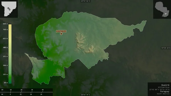 Guaira, department of Paraguay. Colored shader data with lakes and rivers. Shape presented against its country area with informative overlays. 3D rendering