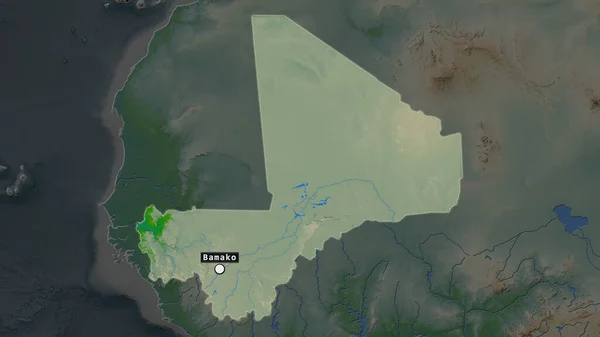 Подчеркнутая Область Мали Столицей Меткой Обезвоженной Карте Окрестностей Цветовая Карта — стоковое фото