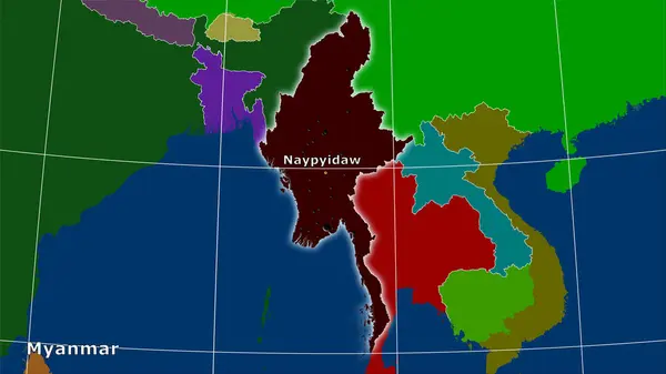 Myanmarská Oblast Mapě Administrativních Divizí Stereografické Projekci Hlavní Skladba — Stock fotografie