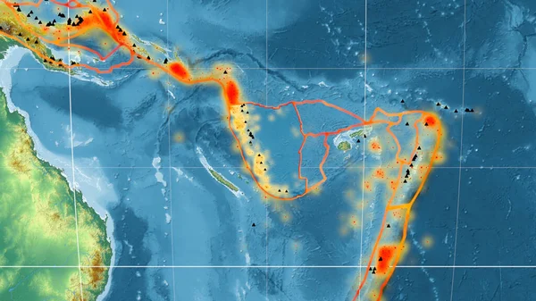 뉴헤브리디스 New Hebrides Tectonic Plate 바이더 투영의 지형학적 지도에 설명되어 — 스톡 사진