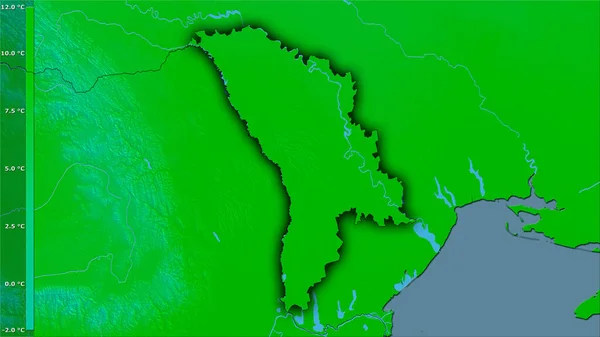 Annual Mean Temperature within the Moldova area in the stereographic projection with legend - raw composition of raster layers with dark glowing outline