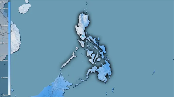 菲律宾地区在立体投影中最干旱的月份的降水 深色发光轮廓的栅格层的原始成分 — 图库照片