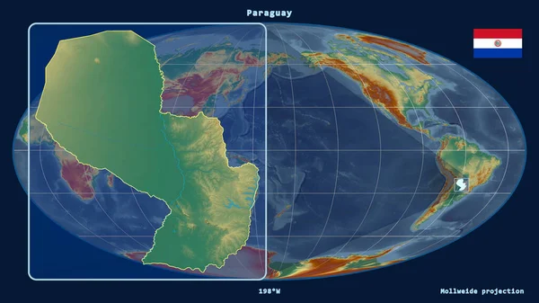 Увеличенный Вид Парагвая Перспективными Линиями Против Глобальной Карты Проекции Моллвейда — стоковое фото