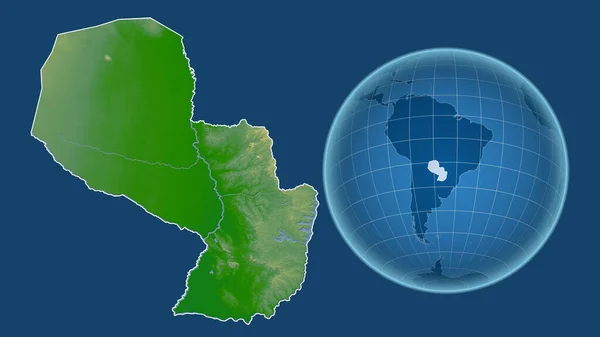 巴拉圭 与缩放地图相对照的国家形状的球体 其轮廓在蓝色背景上孤立 彩色物理图 — 图库照片