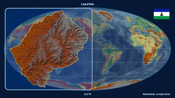 Вид Лесото Перспективными Линиями Против Глобальной Карты Проекции Моллвейда Форма — стоковое фото
