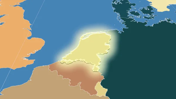 Nizozemsko Jeho Okolí Vzdálená Šikmá Perspektiva Zářil Tvar Barevná Mapa — Stock fotografie