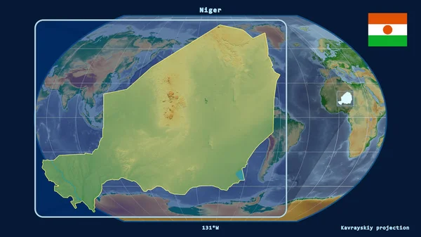 Увеличенный Вид Контура Нигера Перспективными Линиями Против Глобальной Карты Каврайской — стоковое фото