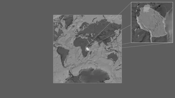탄자니아의 확장되고 지역은 세계의 지도에서 프레임의 모서리를 연결하는 선으로 추출되었다 — 스톡 사진