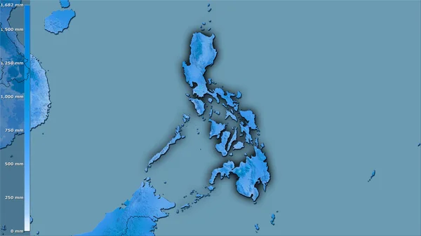 Precipitation of warmest quarter within the Philippines area in the stereographic projection with legend - raw composition of raster layers with dark glowing outline