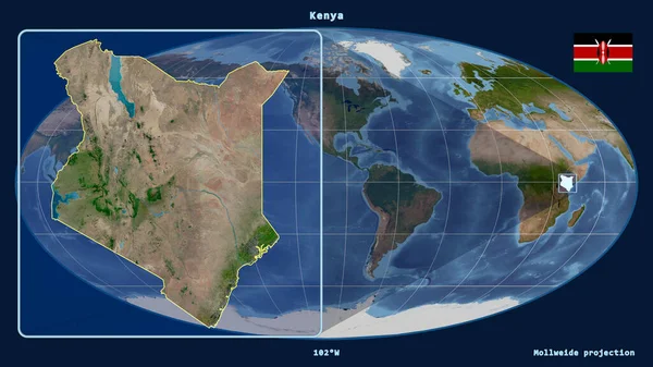 将肯尼亚的轮廓放大 用透视线与Mollweide投影中的全球地图相对照 在左边的形状 卫星图像 — 图库照片