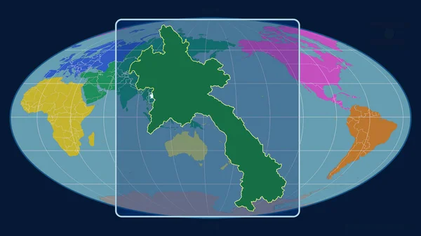 Увеличенный Вид Лаоса Перспективными Линиями Против Глобальной Карты Проекции Моллвейда — стоковое фото