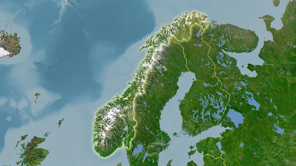 Stereografik Projeksiyondaki Uydu Haritasında Norveç Alanı Işık Saçan Ana Hatlı — Stok fotoğraf