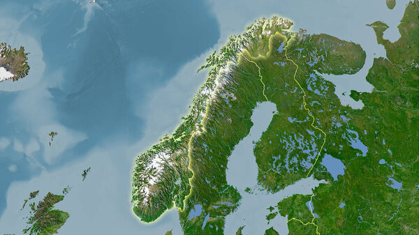 Norway area on the satellite C map in the stereographic projection - raw composition of raster layers with light glowing outline