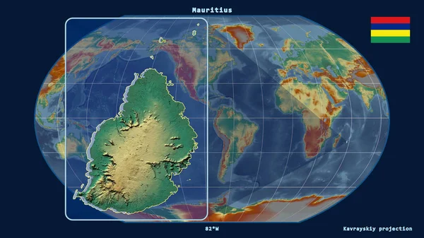 Увеличенный Виду Очертаний Маврикия Перспективными Линиями Против Глобальной Карты Каврайском — стоковое фото