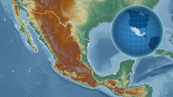 Mexico. Globe with the shape of the country against zoomed map with its outline. topographic relief map