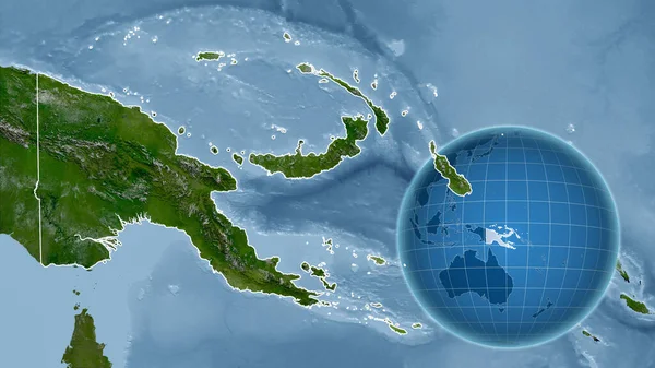 Papua Globo Con Forma Del Paese Contro Mappa Ingrandita Con — Foto Stock