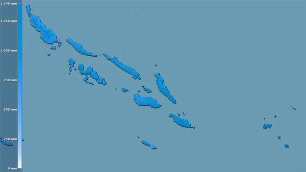 所罗门群岛地区内带有图例的立体投影中最温暖的四分之一的降水量 光栅层的原始成分 — 图库照片
