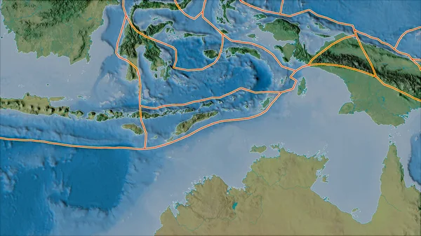 東ティモールプレートに隣接する地域の地形図上の構造プレートの境界 ヴァン グリンテンI予測 斜めの変換 — ストック写真