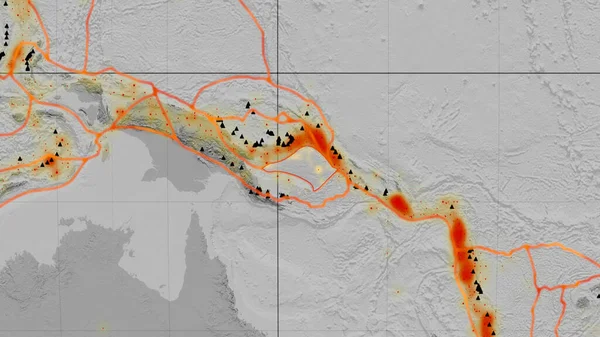 ソロモン海の地殻プレートは カヴァライスキー予測の世界的なグレースケールの標高地図上で概説されました 3Dレンダリング — ストック写真