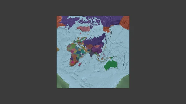 世界大比例尺地图的正方形框架 呈倾斜的范德格林登投影 以尼泊尔领土为中心 行政区划的彩色地图 — 图库照片