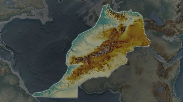 Área Marruecos Agrandó Brilló Sobre Fondo Oscuro Sus Alrededores Mapa — Foto de Stock