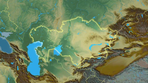 立体投影地形图上的哈萨克斯坦地区 有发光轮廓的栅格层的原始组成 — 图库照片
