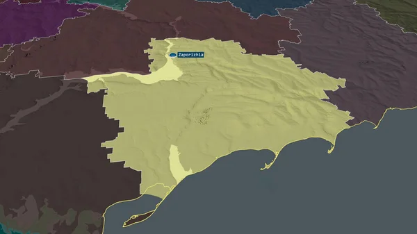 Zaporizhzhya ウクライナの地域は拡大し 首都で強調表示されました 行政区画の色と衝突した地図 3Dレンダリング — ストック写真