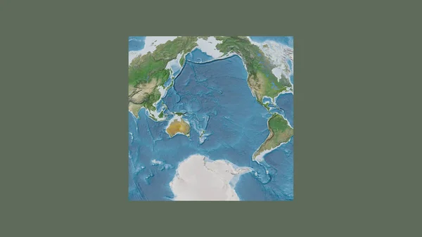 世界大比例尺地图的正方形框架 呈倾斜的范德格林登投影 以纽埃领土为中心 卫星图像 — 图库照片