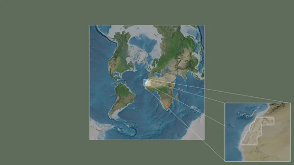 フレームの隅を結ぶ主要線で世界の大規模な地図から抽出された西サハラの拡大 拡大領域 衛星画像 — ストック写真