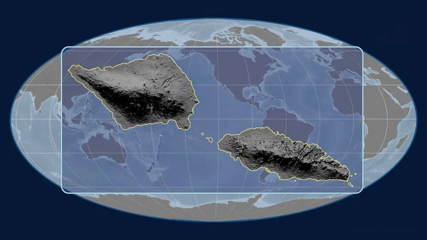 モルルワイド プロジェクションの世界地図に対する遠近法線を持つサモアのアウトラインの拡大表示 形を中心に グレースケール標高図 — ストック写真