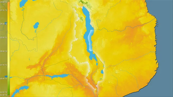 マラウィ地域内で最も暖かい4分の1の平均気温は 伝説のある立体投影 光輝く輪郭を持つラスター層の生の組成 — ストック写真
