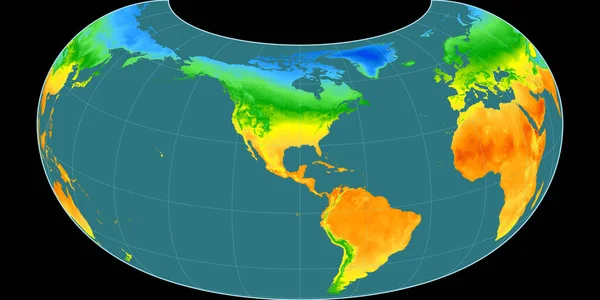 Raisz Armadillo投影中的世界地图以西经90度为中心 平均年温度图 具有满意性能的栅格原料复合材料 3D插图 — 图库照片