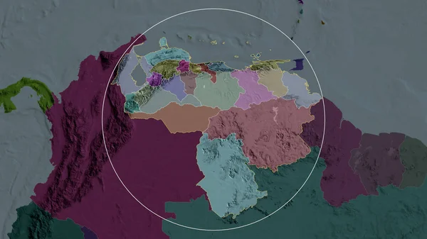 Venezuela zoomed and circled. Colored and bumped map of the administrative division. 3D rendering