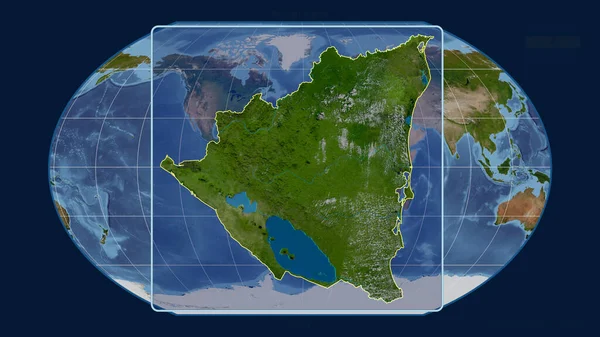 Zoomed Widok Nikaragui Zarys Linii Perspektywy Wobec Globalnej Mapy Projekcji — Zdjęcie stockowe