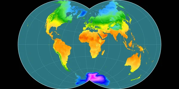 位于毛雷尔全球投影的世界地图以东经11度为中心 平均年温度图 具有满意性能的栅格原料复合材料 3D插图 — 图库照片