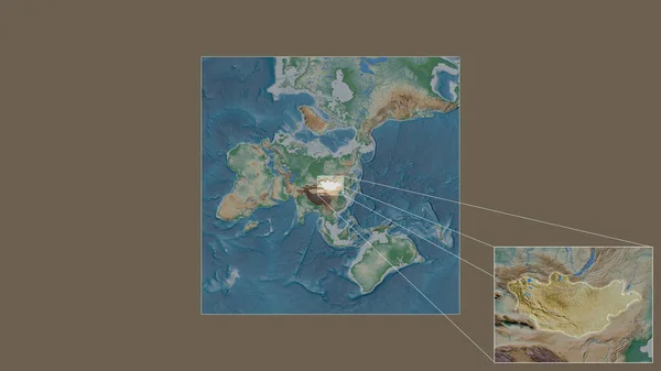 从世界大比例尺地图中提取出的蒙古扩大和扩大的区域 其主要线连接了框架的各个角落 彩色物理图 — 图库照片