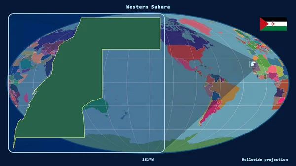 Zoomed View Western Sahara Outline Perspective Lines Global Map Mollweide — Stock Photo, Image