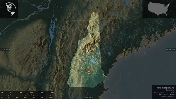 New Hampshire Bundesstaat Der Vereinigten Staaten Farbige Reliefs Mit Seen — Stockfoto