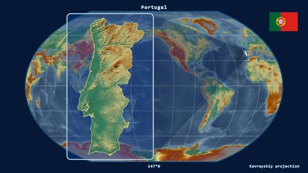 Přiblížený Pohled Portugalsko Nastiňuje Perspektivou Linie Proti Globální Mapě Projekci — Stock fotografie