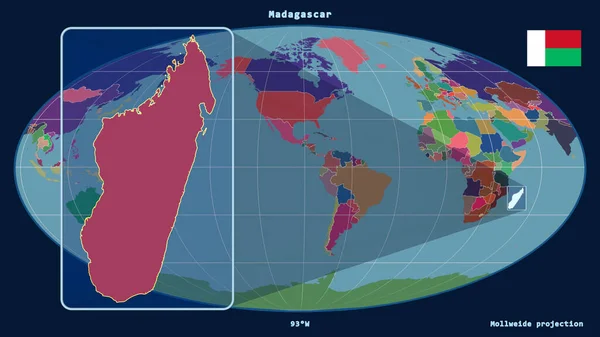 마다가스카르를 바라보며 개괄적 윤곽을 보았습니다 웨이드 투영의 지도와 반대되는 관점의 — 스톡 사진