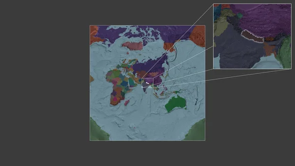 从世界大比例尺地图中提取出的尼泊尔扩大和扩大的地区 其主要线连接了框架的各个角落 行政区划的彩色地图 — 图库照片