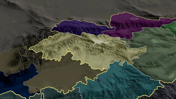 ジャラル アバド キルギスの州が拡大し 強調した 行政区画の色と衝突した地図 3Dレンダリング — ストック写真
