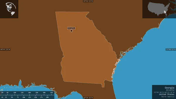 Georgia, state of United States. Patterned solids with lakes and rivers. Shape presented against its country area with informative overlays. 3D rendering