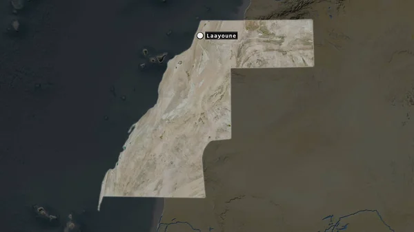 The highlighted area of Western Sahara with capital point and label on the desaturated map of its neighbourhood. Satellite imagery