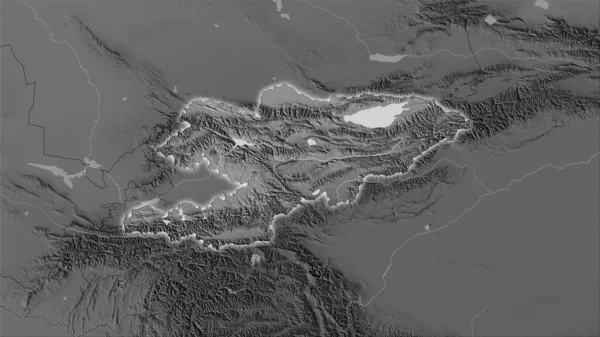 立体投影灰度高程地图上的吉尔吉斯斯坦地区 发光轮廓光栅层的原始组成 — 图库照片