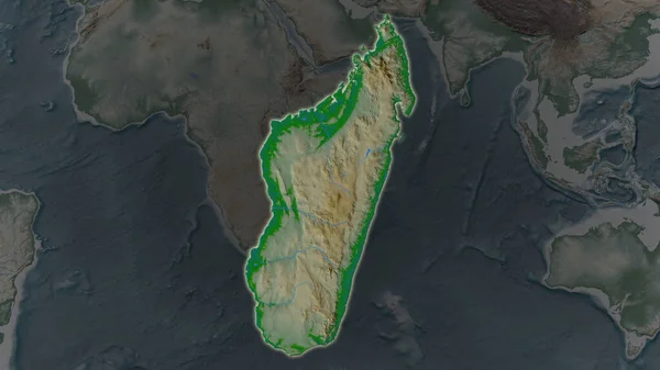 Площадь Мадагаскара Увеличилась Светилась Темном Фоне Окрестностей Основные Характеристики Ландшафта — стоковое фото