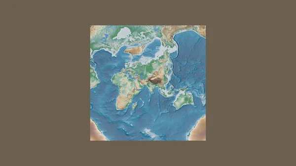 大比例尺世界地图的正方形框架 呈倾斜的范德格林登投影 以巴基斯坦领土为中心 彩色物理图 — 图库照片