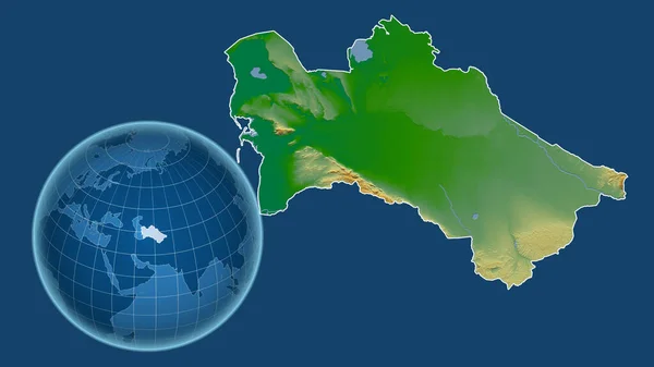 土库曼斯坦 与缩放地图相对照的国家形状的球体 其轮廓在蓝色背景上孤立 彩色物理图 — 图库照片