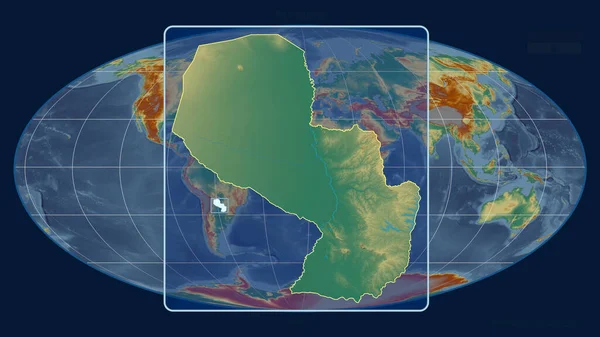 在Mollweide投影中 用透视线与全球地图对齐 放大了巴拉圭的轮廓 形体中心 地形浮雕图 — 图库照片