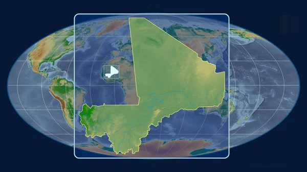 Mollweide予測における世界地図に対する視点線を持つマリのアウトラインの拡大表示 形を中心に 色物理図 — ストック写真